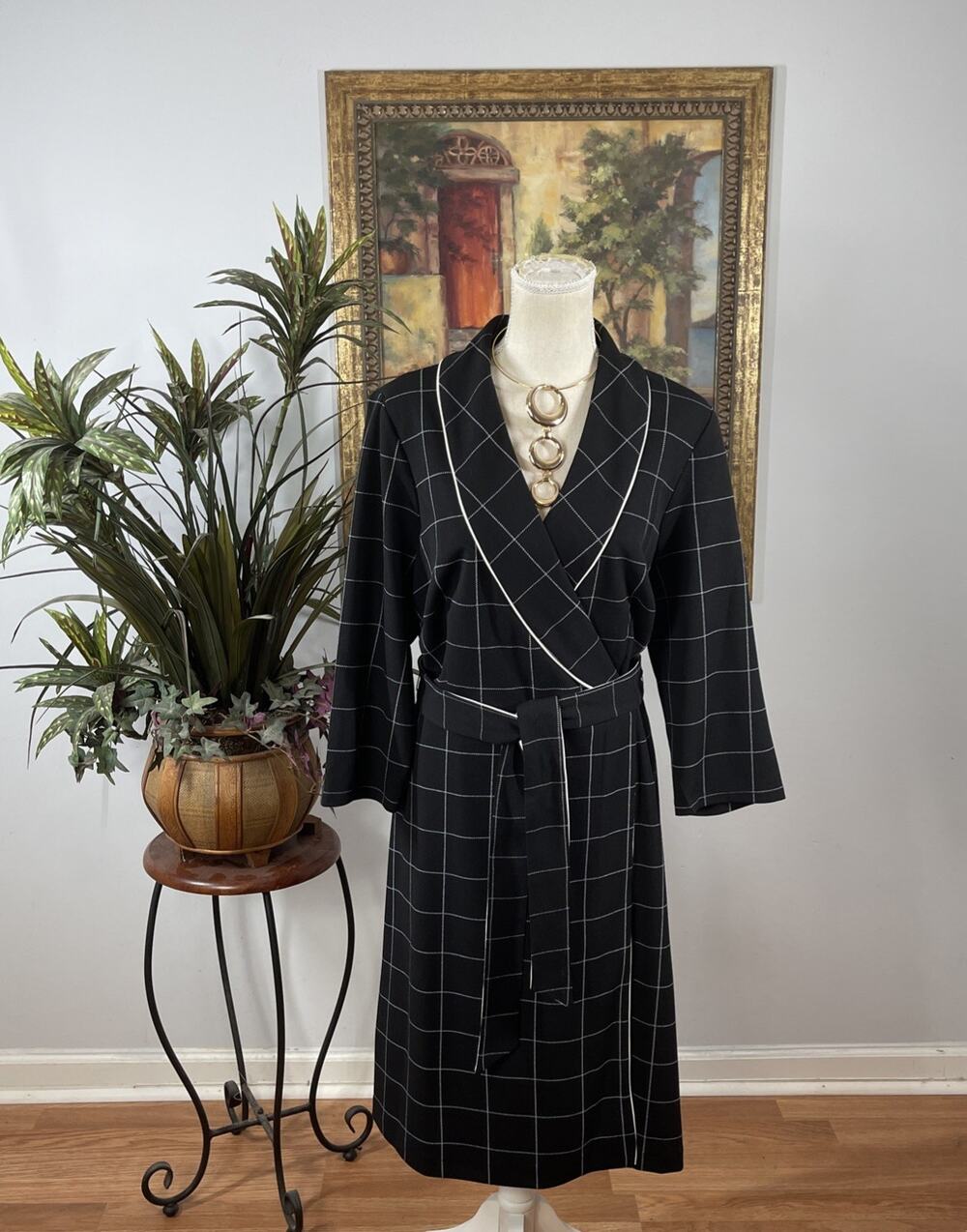 Shelby & Palmer Women's 16 Black Windowpane Wrap Dress Belted Career Midi